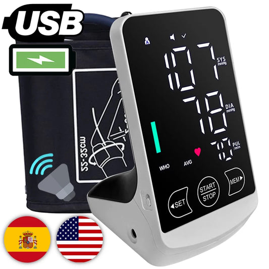 Large display arm blood pressure monitor rechargeable automatic english spanish voice tonometer - product image